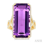 26x12 MM Emerald Cut Amethyst and 1/2 Ctw Round Cut Diamond Halo Semi-Precious Ring in 14K Yellow Gold